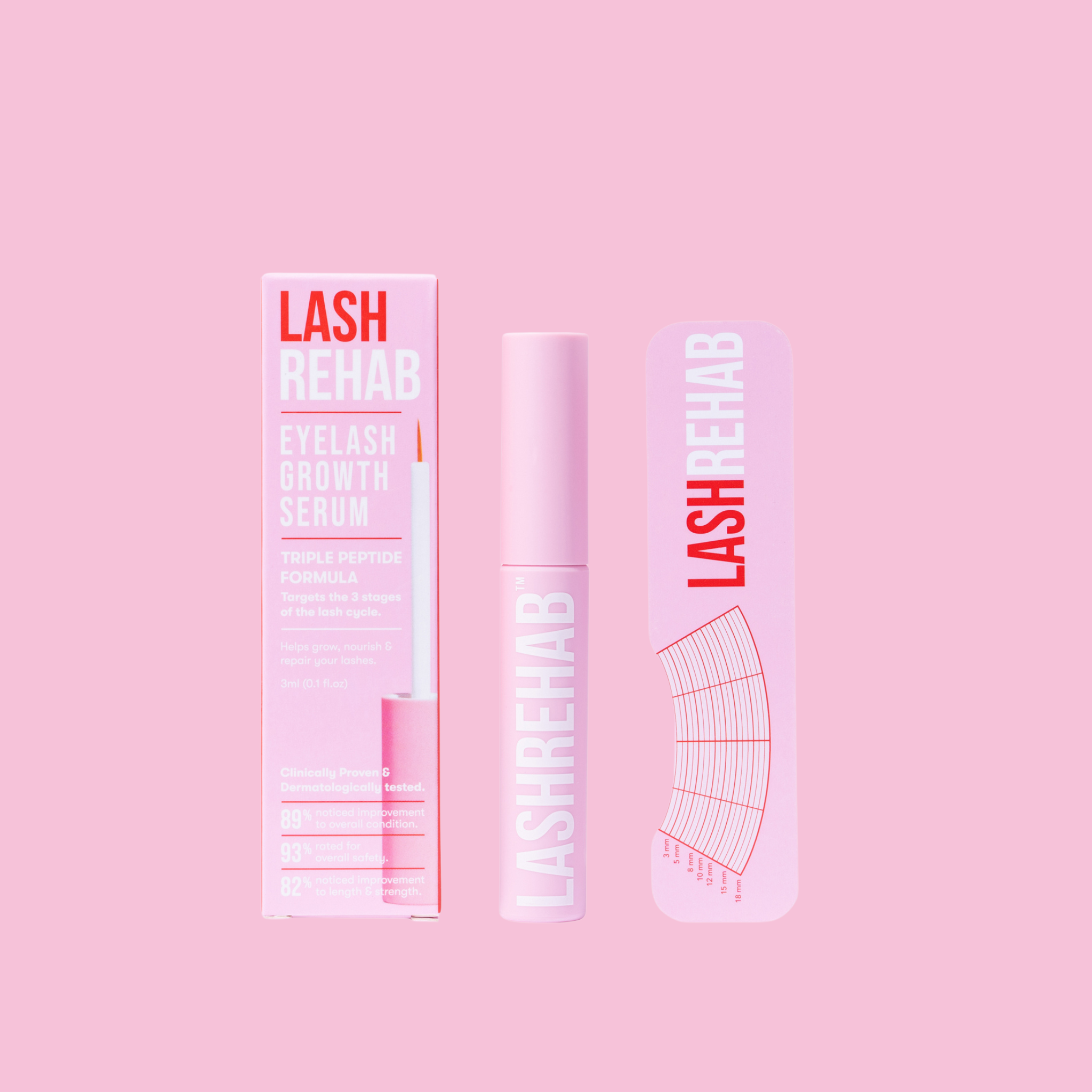 Lash Rehab Eyelash Growth Serum with packaging and lash tracking card, showcasing triple peptide formula and clinically proven results. Australian owned lash enhancer for longer, stronger lashes.
