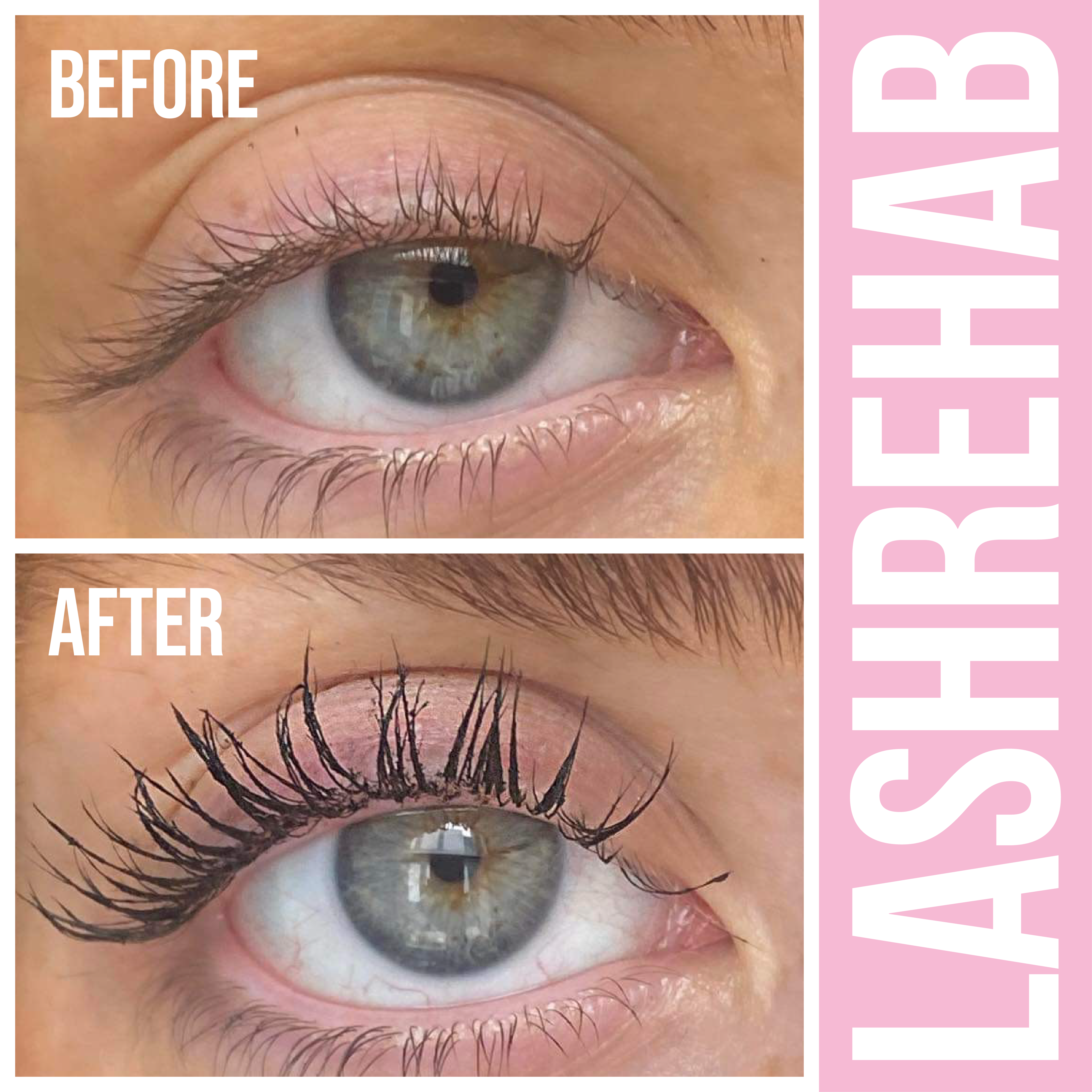 Before and after results using Mascara Curler Bundle showing lifted and thicker lashes