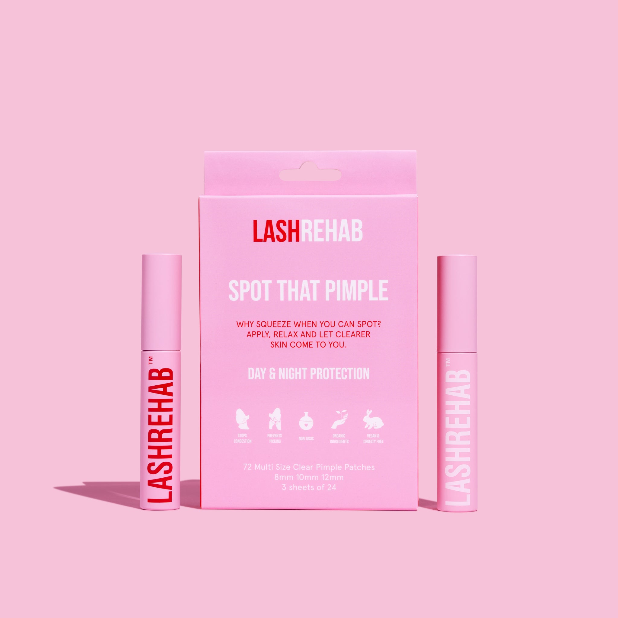Lash Rehab Spot That Pimple day and night pimple patches with two pink applicator tubes displayed on a solid pink background