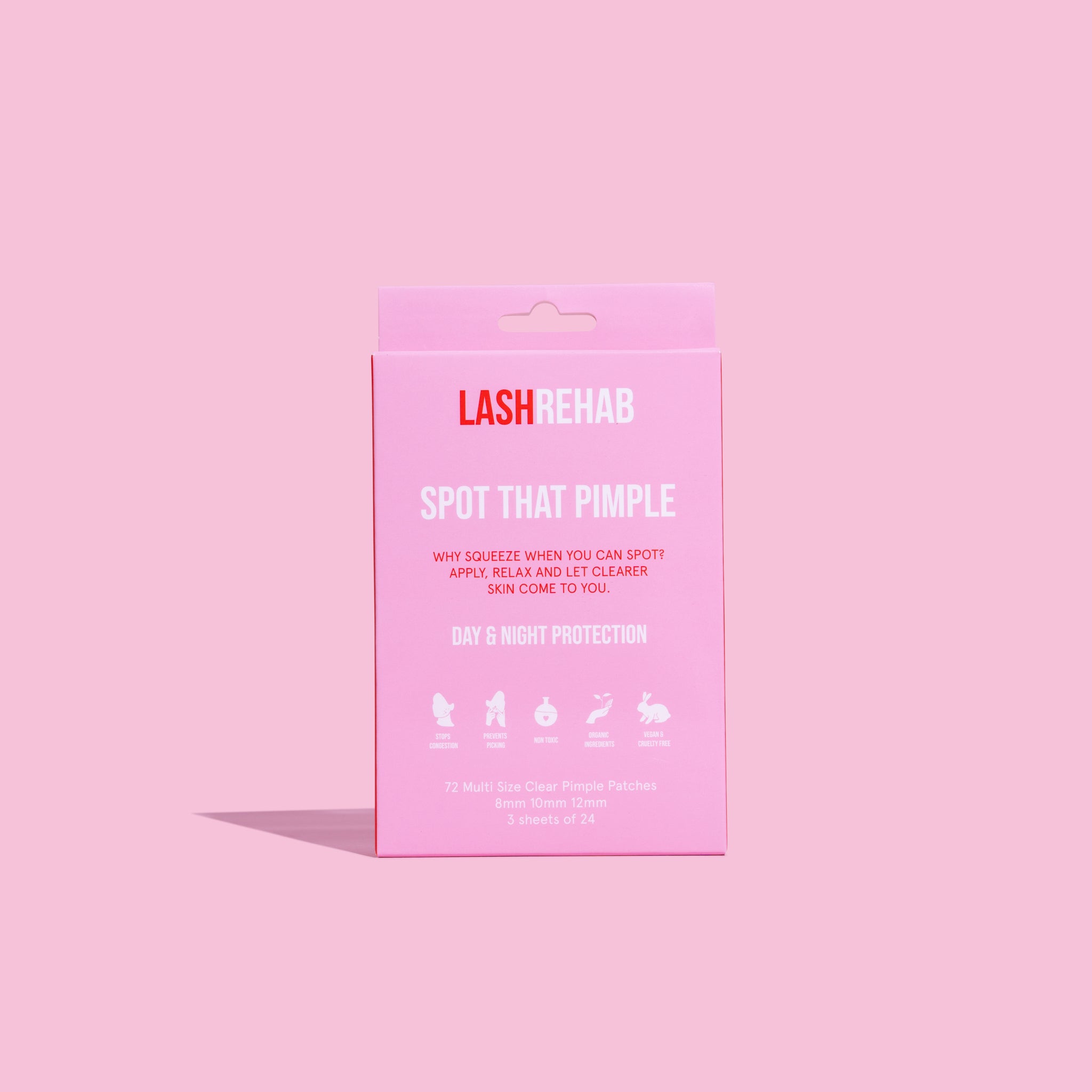 Lash Rehab Spot That Pimple hydrocolloid pimple patches in pink packaging – acne spot treatment for day and night use.