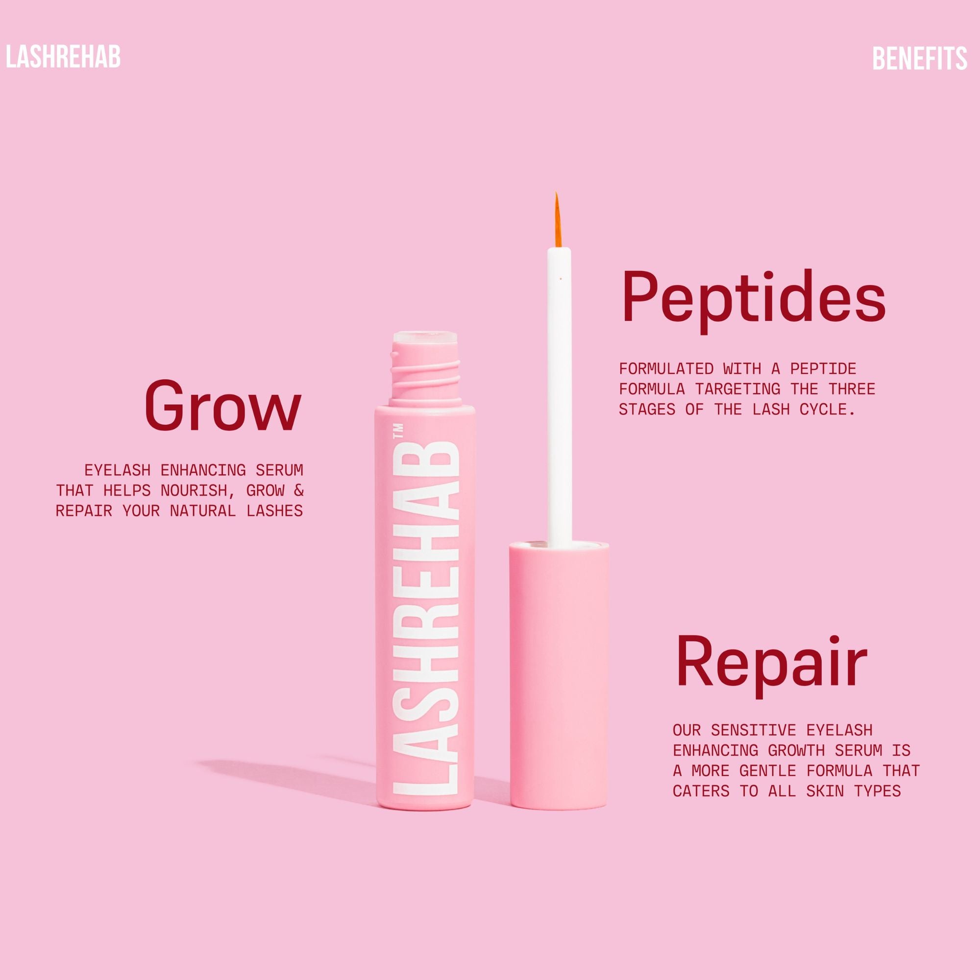 Lash Rehab lash serum with open applicator against pink background, highlighting lash growth, repair, and peptide-powered formula for healthier natural lashes.