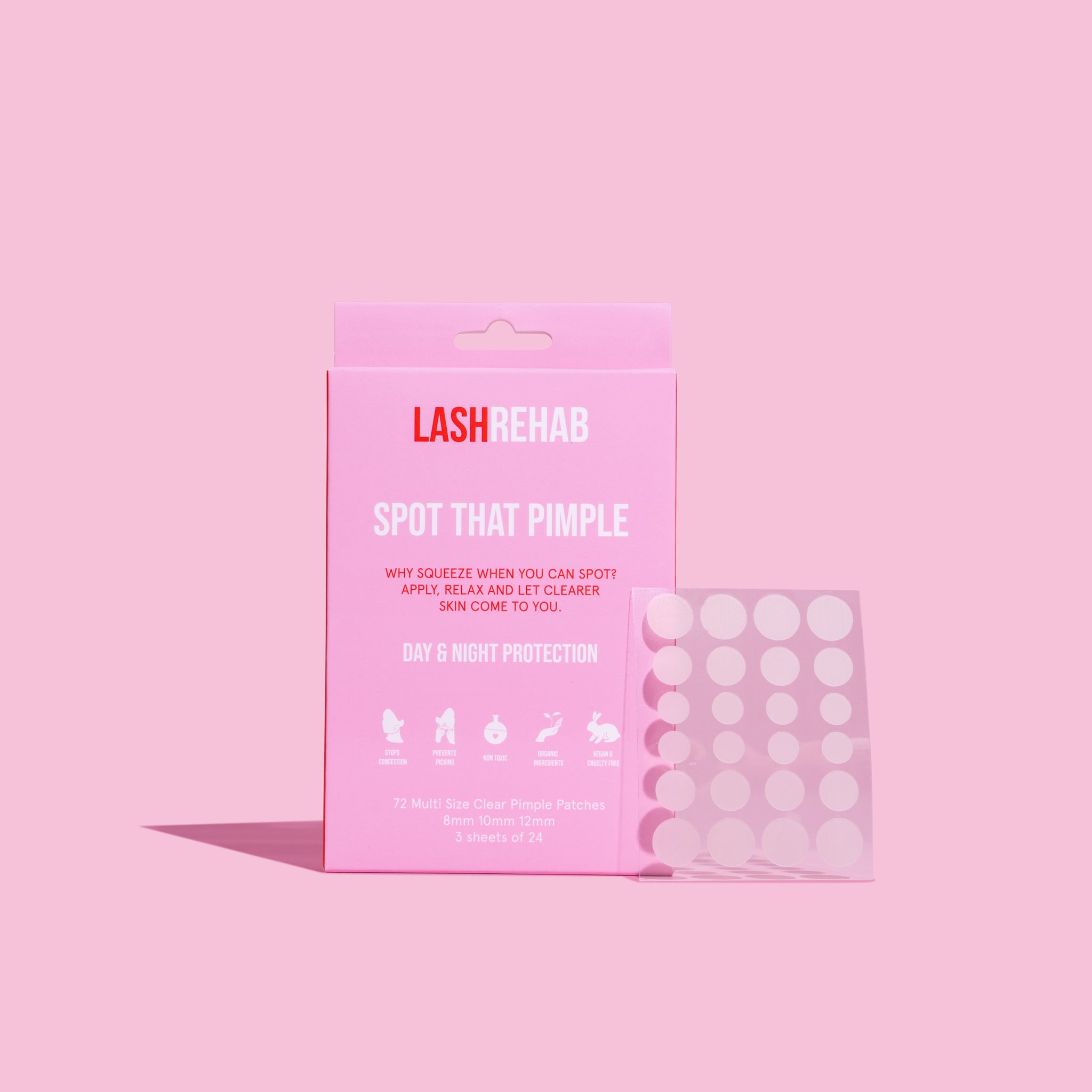 Wholesale pack of Lash Rehab Spot That Pimple patches – acne spot treatment with 72 clear hydrocolloid pimple patches in multi sizes, shown on pink background.